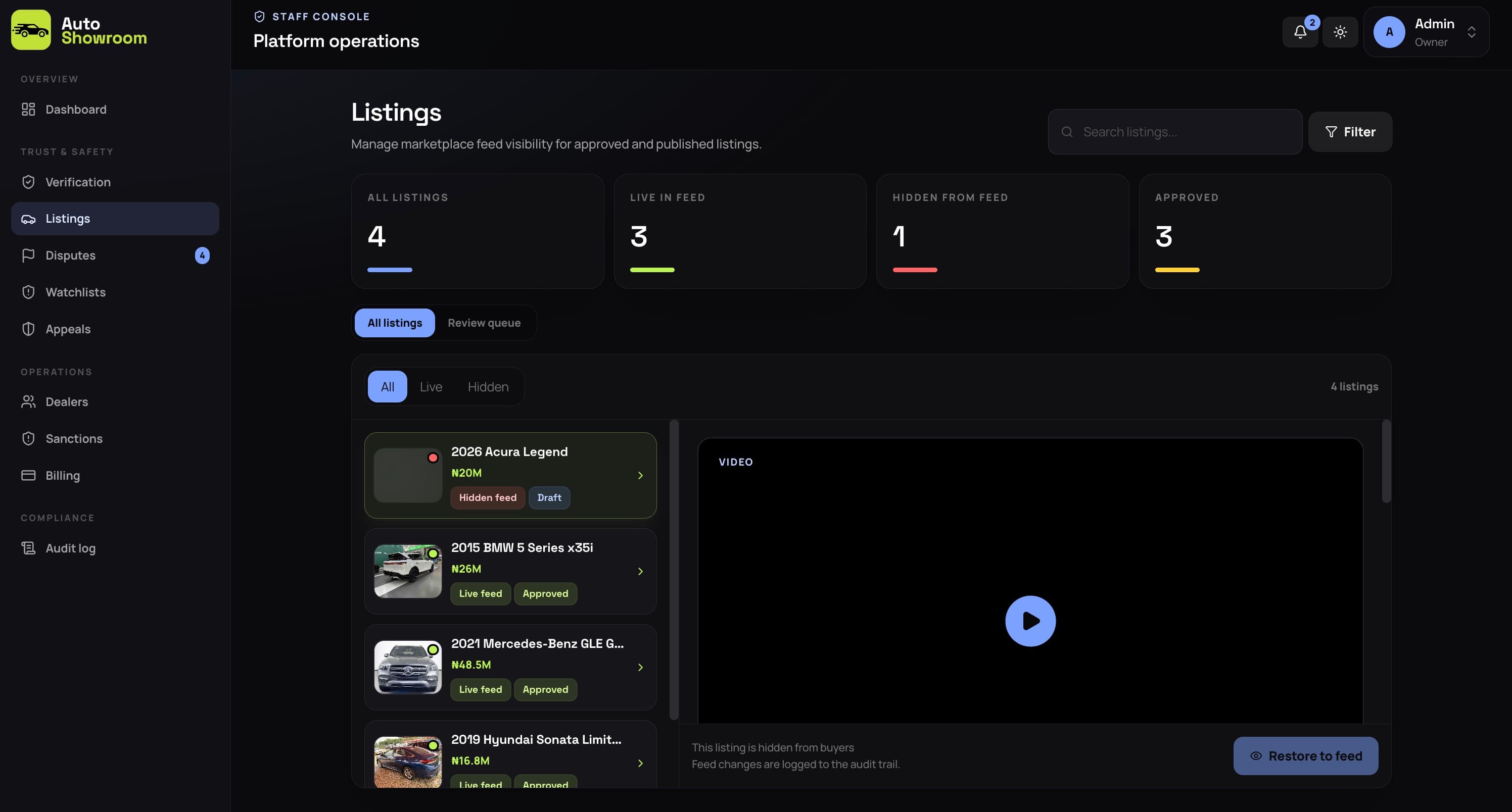 Platform admin listings review