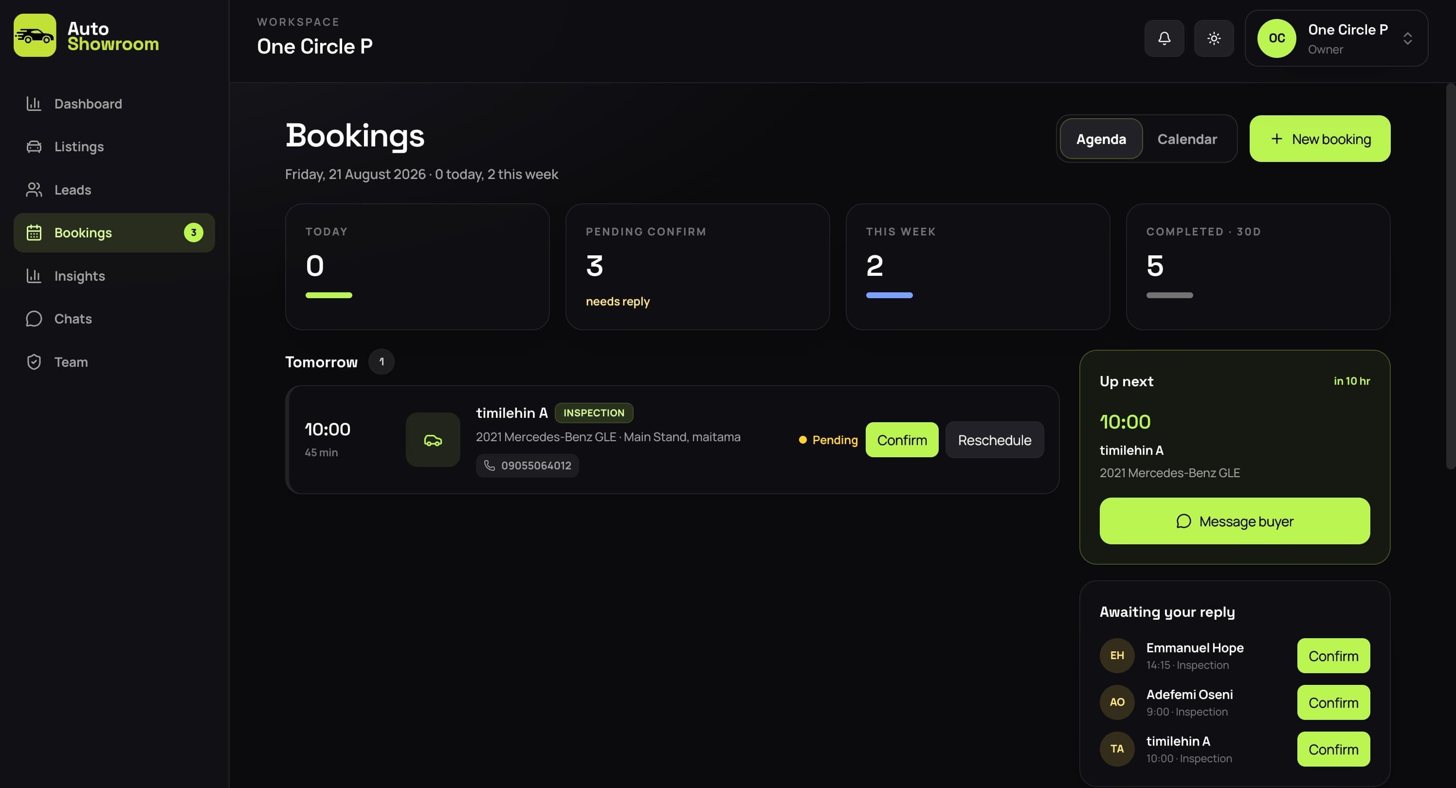Dealer bookings calendar